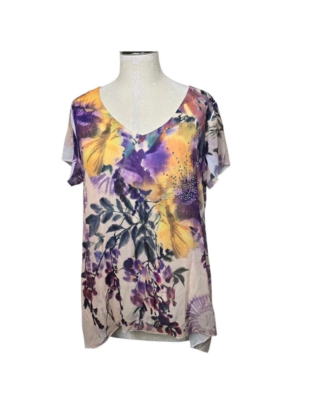 Brittany Black Floral Shirt Yellow Purple Short Sleeves L